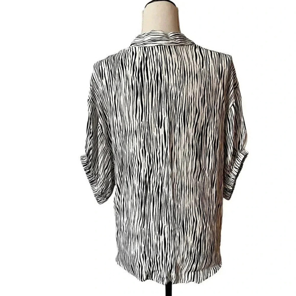 Three Dots Zebra Print Tie Front Blouse Large Black White Button Down - Picture 5 of 15